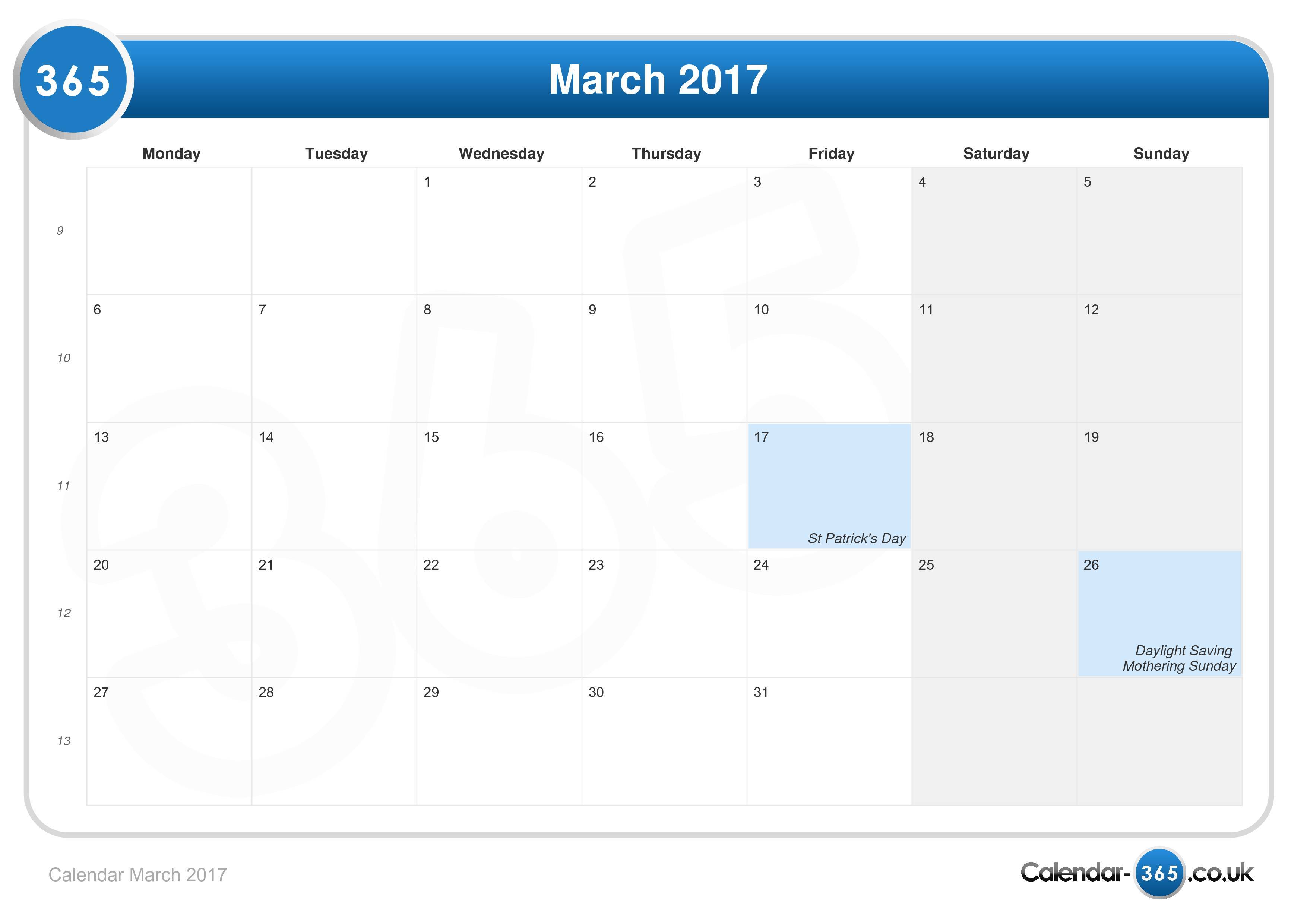 Calendar March 2017