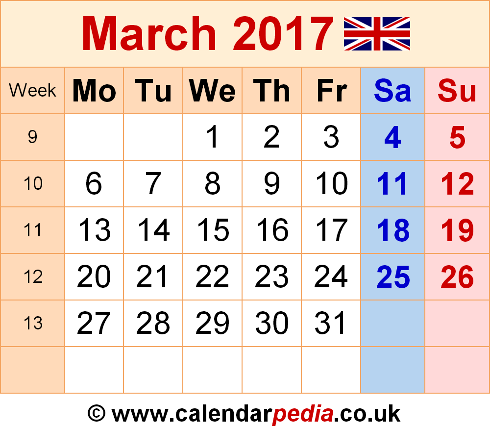 Calendar March 2017 UK, Bank Holidays, Excel/PDF/Word Templates