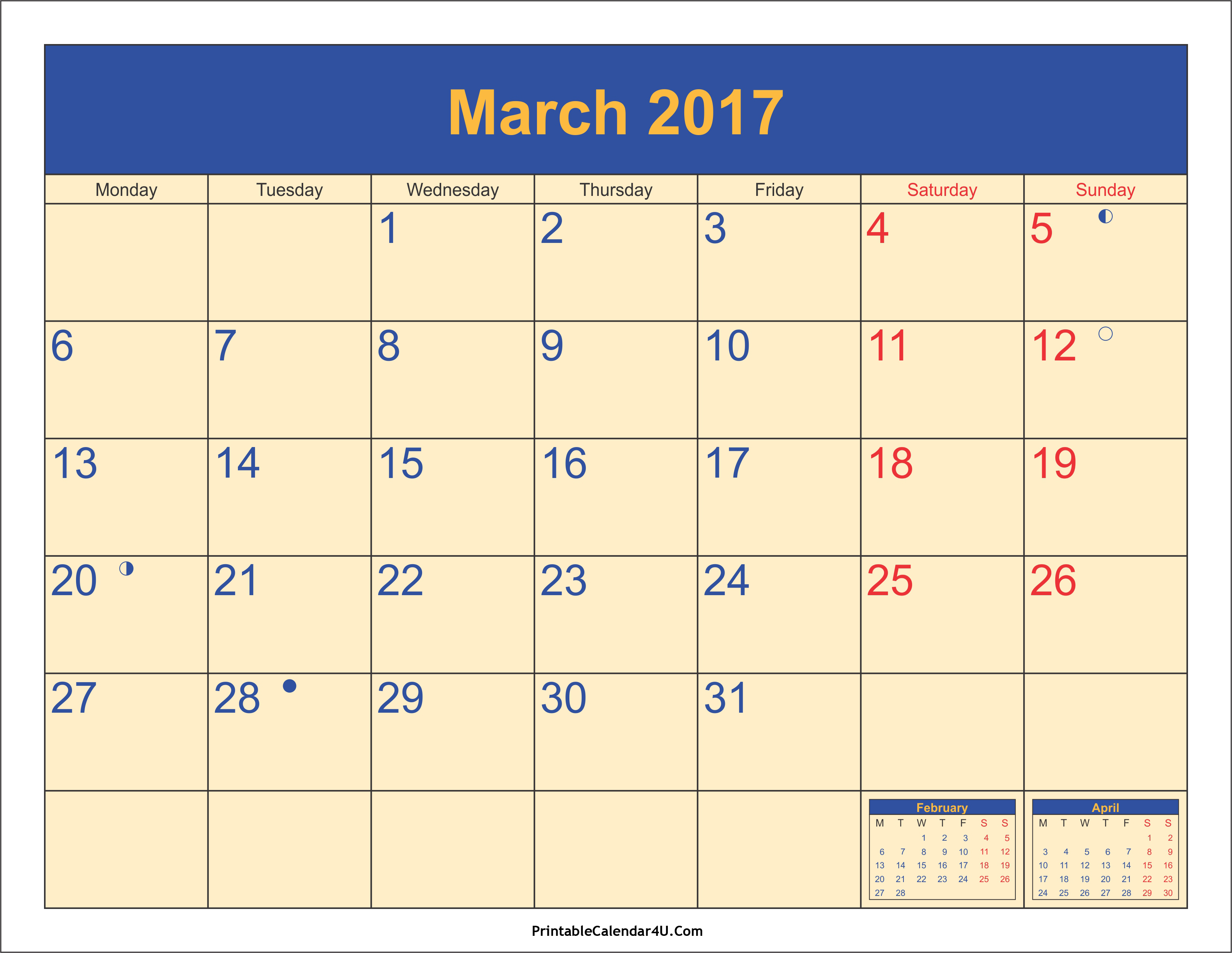 March 2017 Calendar Canada