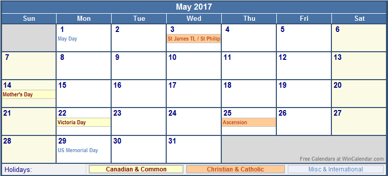March 2017 Calendar With Holidays Canada | weekly calendar template