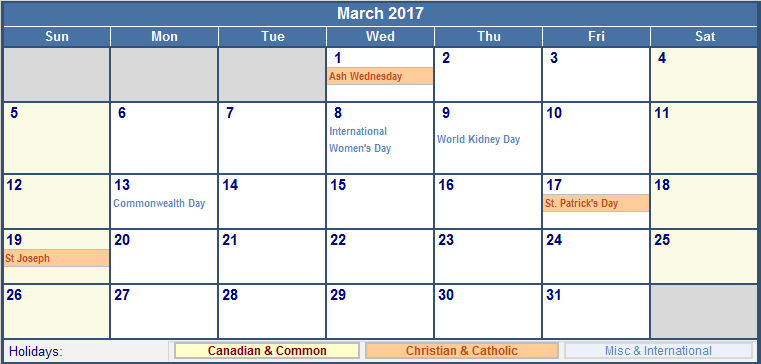March 2017 Calendar With Holidays Canada | monthly calendar printable