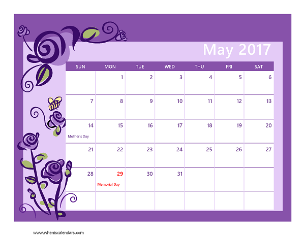 May 2017 Calendar With US Holidays