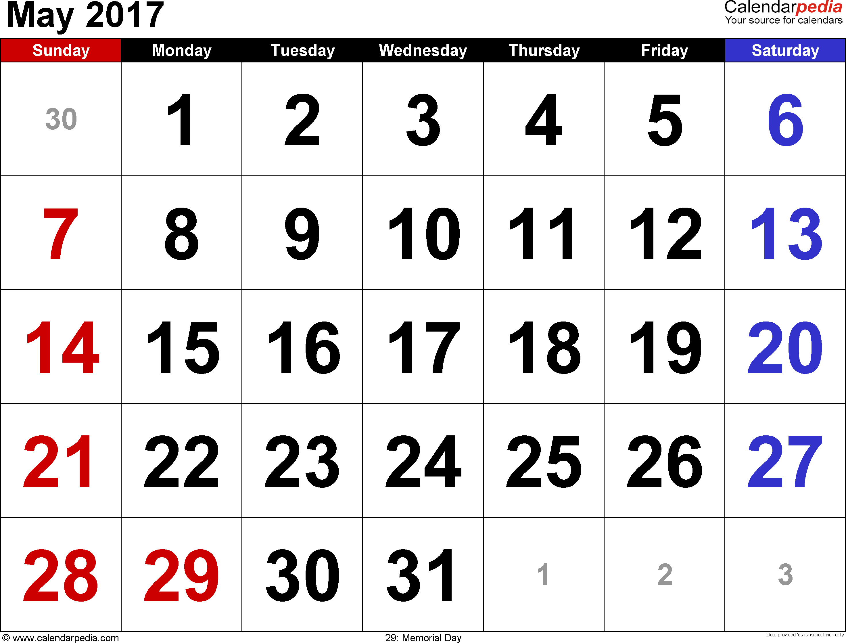May 2017 Calendars for Word, Excel & PDF