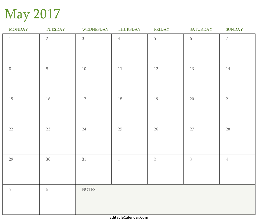 Blank May 2017 Calendar Template Word, PDF Monhly Calendar 2017