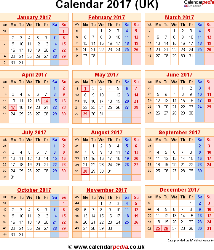 Calendar 2017 UK with bank holidays & Excel/PDF/Word templates