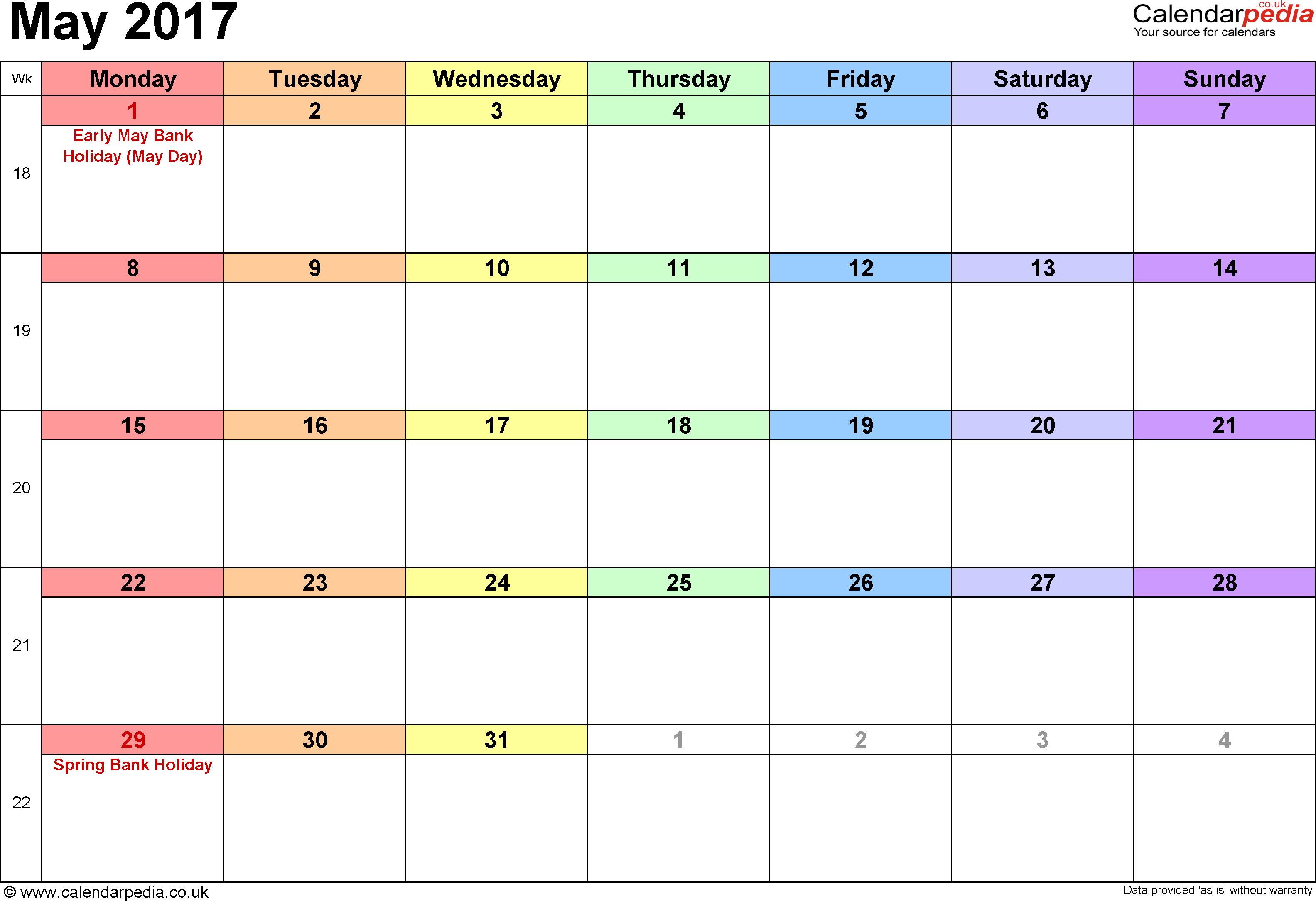 Calendar May 2017 UK, Bank Holidays, Excel/PDF/Word Templates