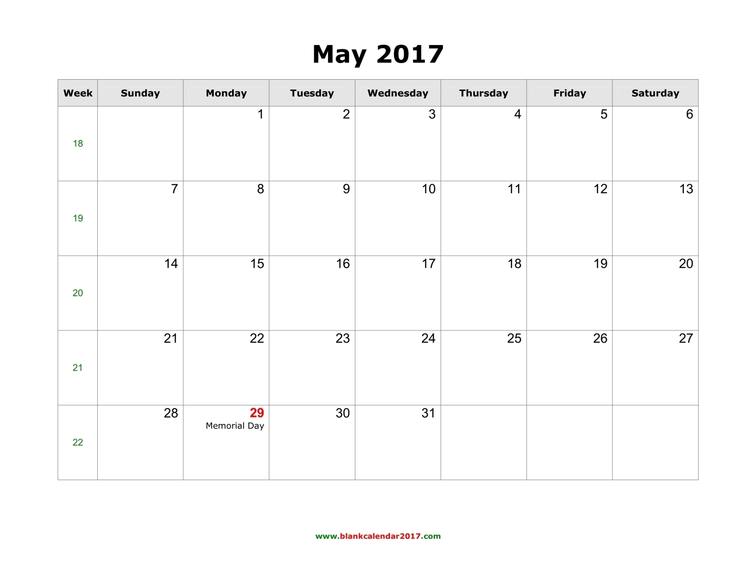 Blank Calendar for May 2017