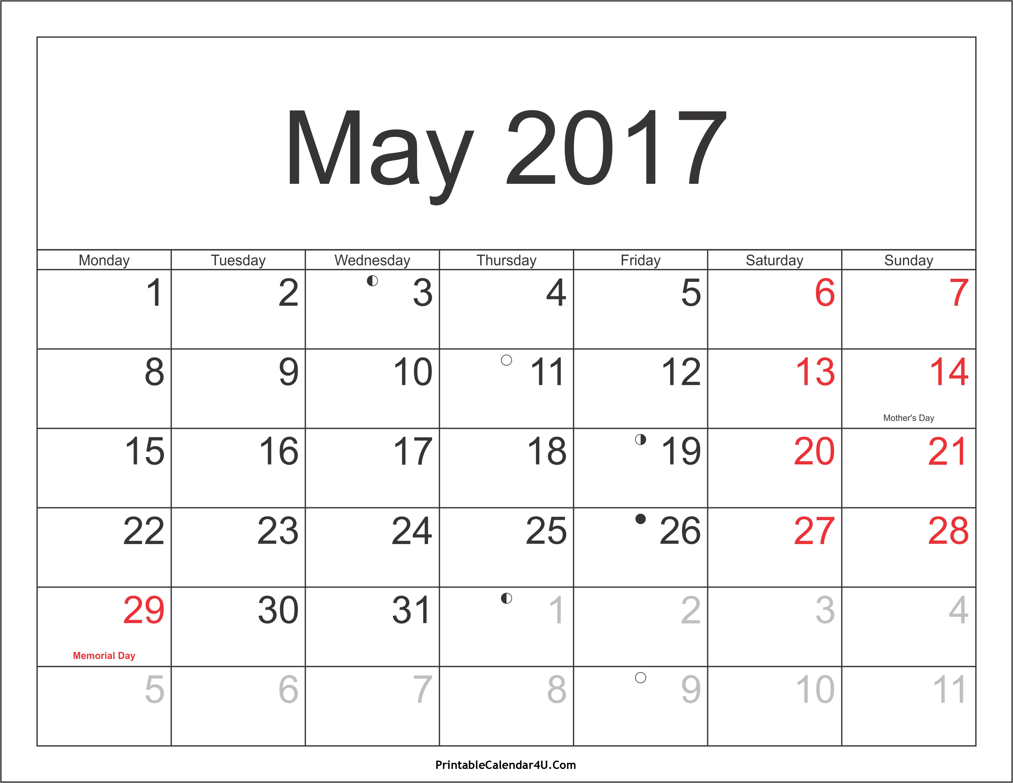 May 2017 Calendar Printable with Holidays PDF and 