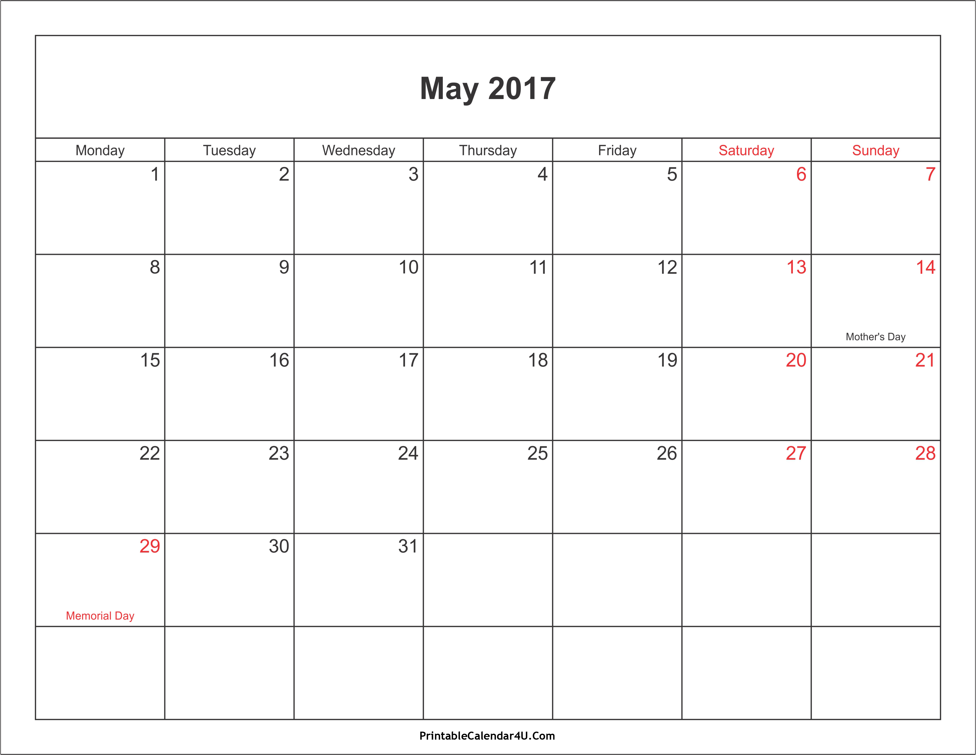 May 2017 Calendar Printable with Holidays PDF and 