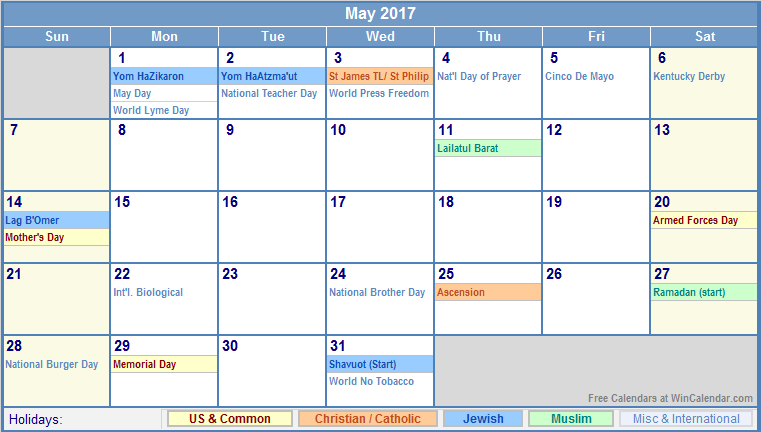 May 2017 Calendar With Holidays | weekly calendar template May 2017 Calendar With Holidays | weekly calendar template