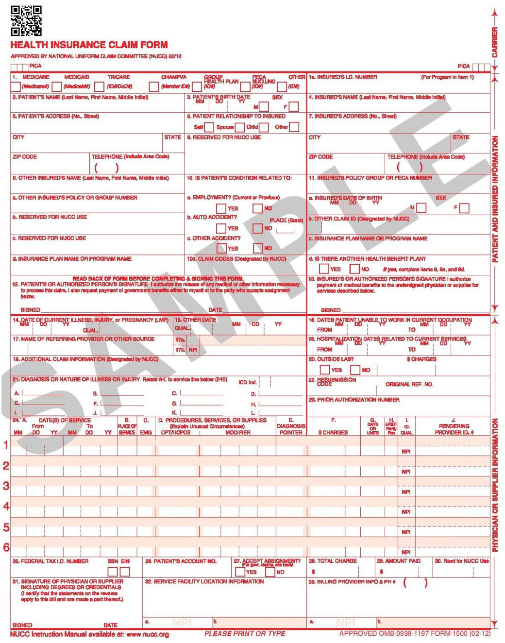 1b CMS 1500 INSURANCE CLAIM FORM VER 02/12 CONTINUOUS FORMAT 