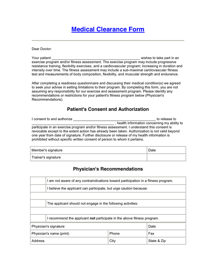 Medical Clearance Form in Word and Pdf formats