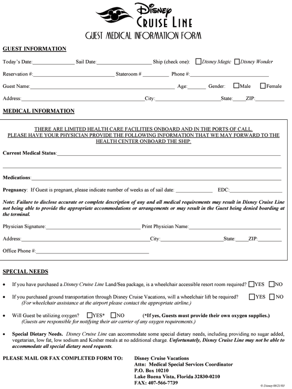 Disney Cruise Line medical clearance form