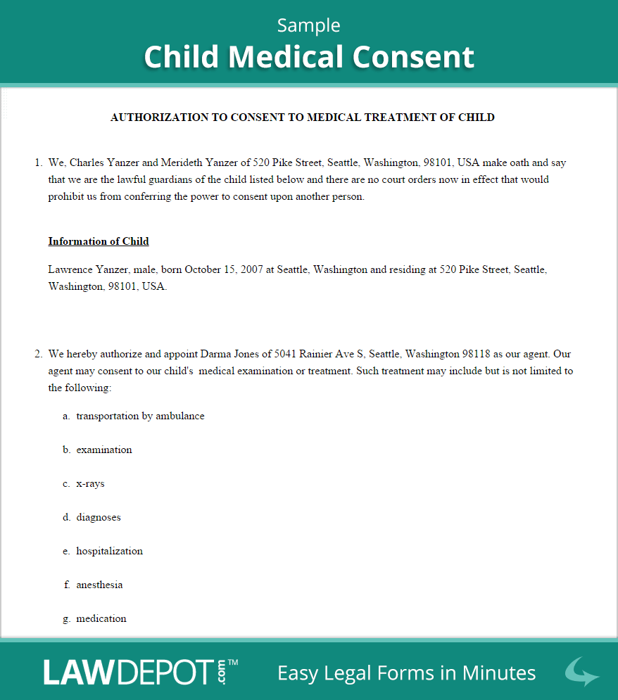 Child Medical Consent Form | Free Medical Authorization Form for 