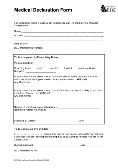 BCU Coach Medical Declaration Form (V1 0) Canoe England