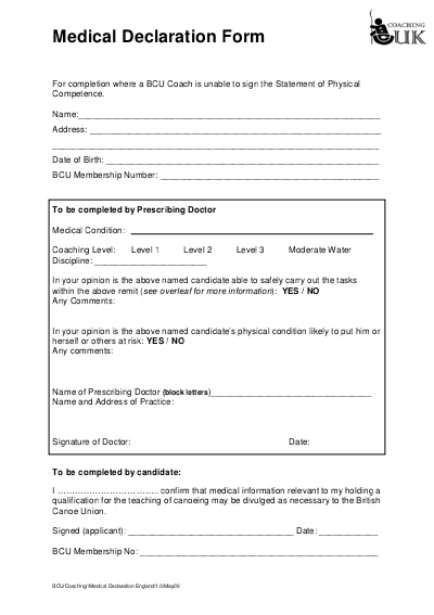 BCU Coach Medical Declaration Form (V1 0) Canoe England BCU Coach Medical Declaration Form (V1 0) Canoe England
