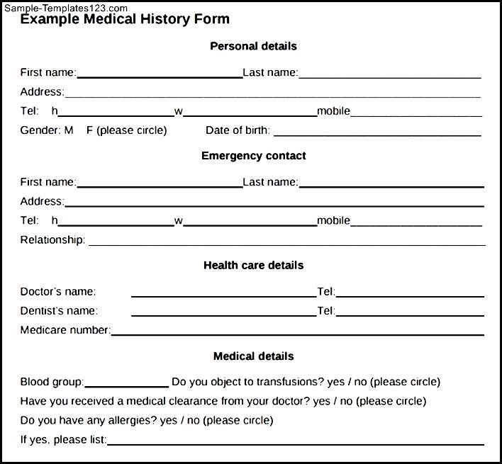 PDF Download Example For Medical History Form | Sample Templates
