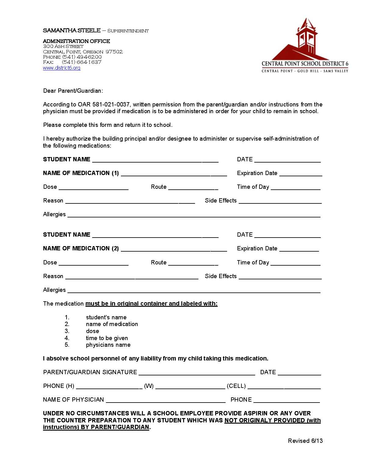 medication form « Scenic Middle School medication form « Scenic Middle School