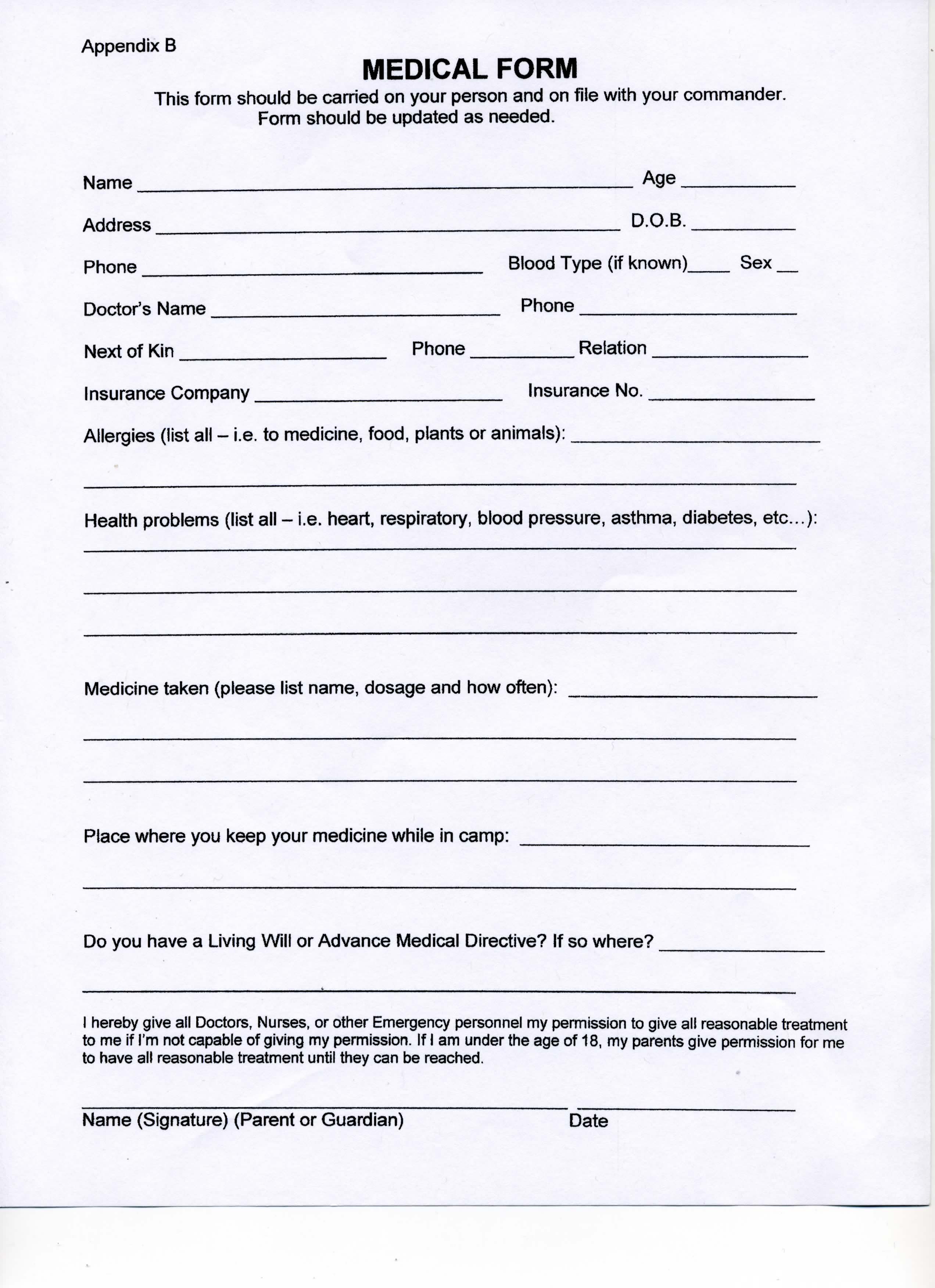 Printable Blank Medical History Form