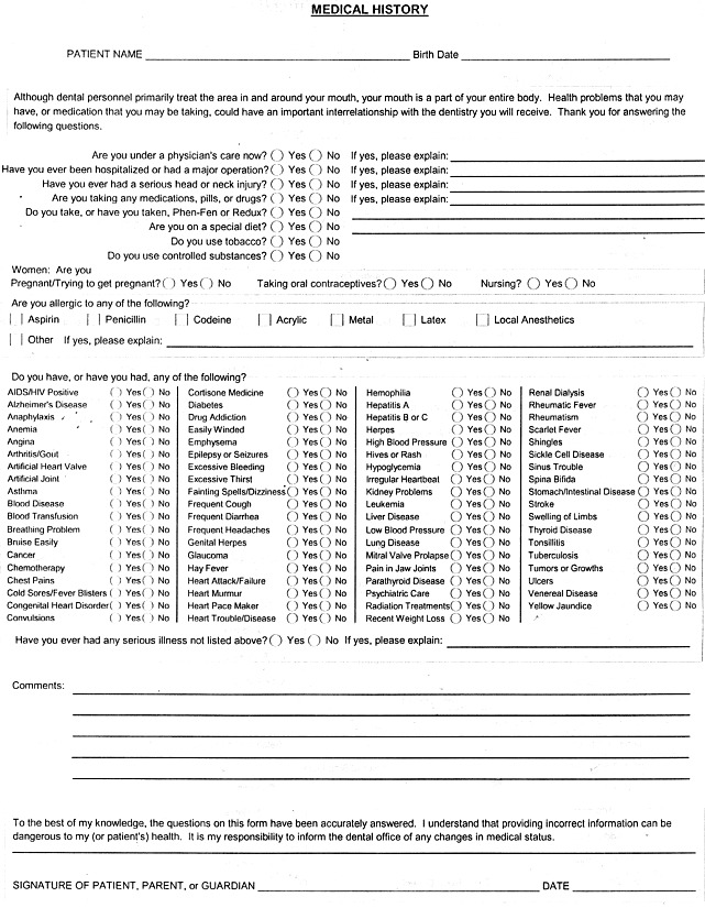 Figure 8.2, Medical history form for use in dental practice Figure 8.2, Medical history form for use in dental practice