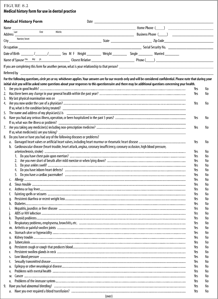 Figure 8.2, Medical history form for use in dental practice