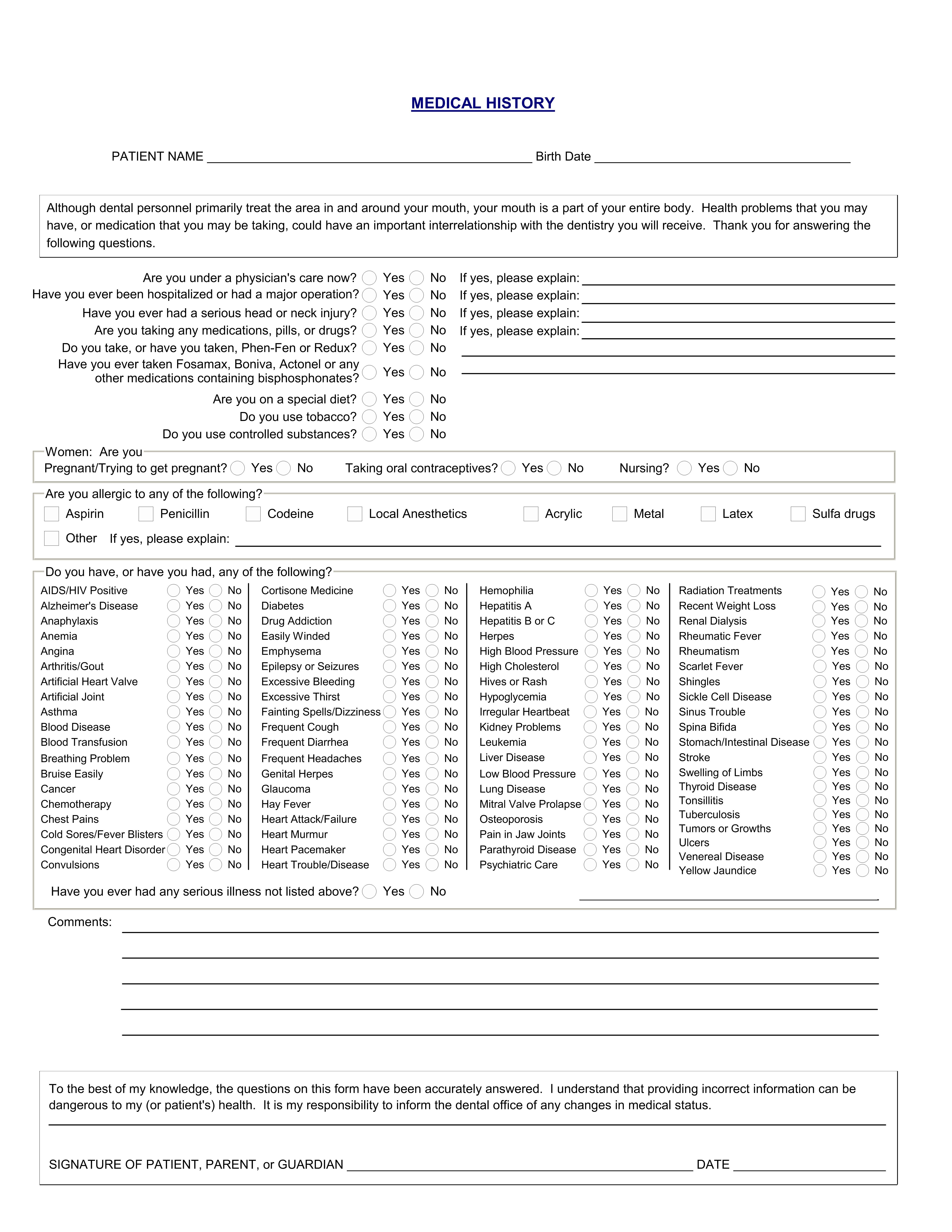 Best Photos of Dental Medical History Form Template New Patient 