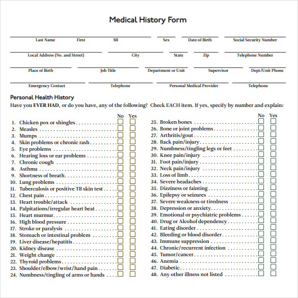 Medical History Forms | Templates in Word and PDF Format 