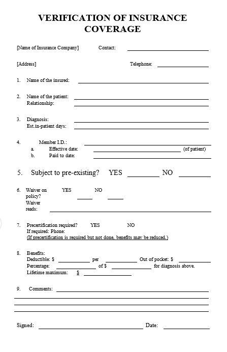 Medical Insurance Verification Form | templates free printable