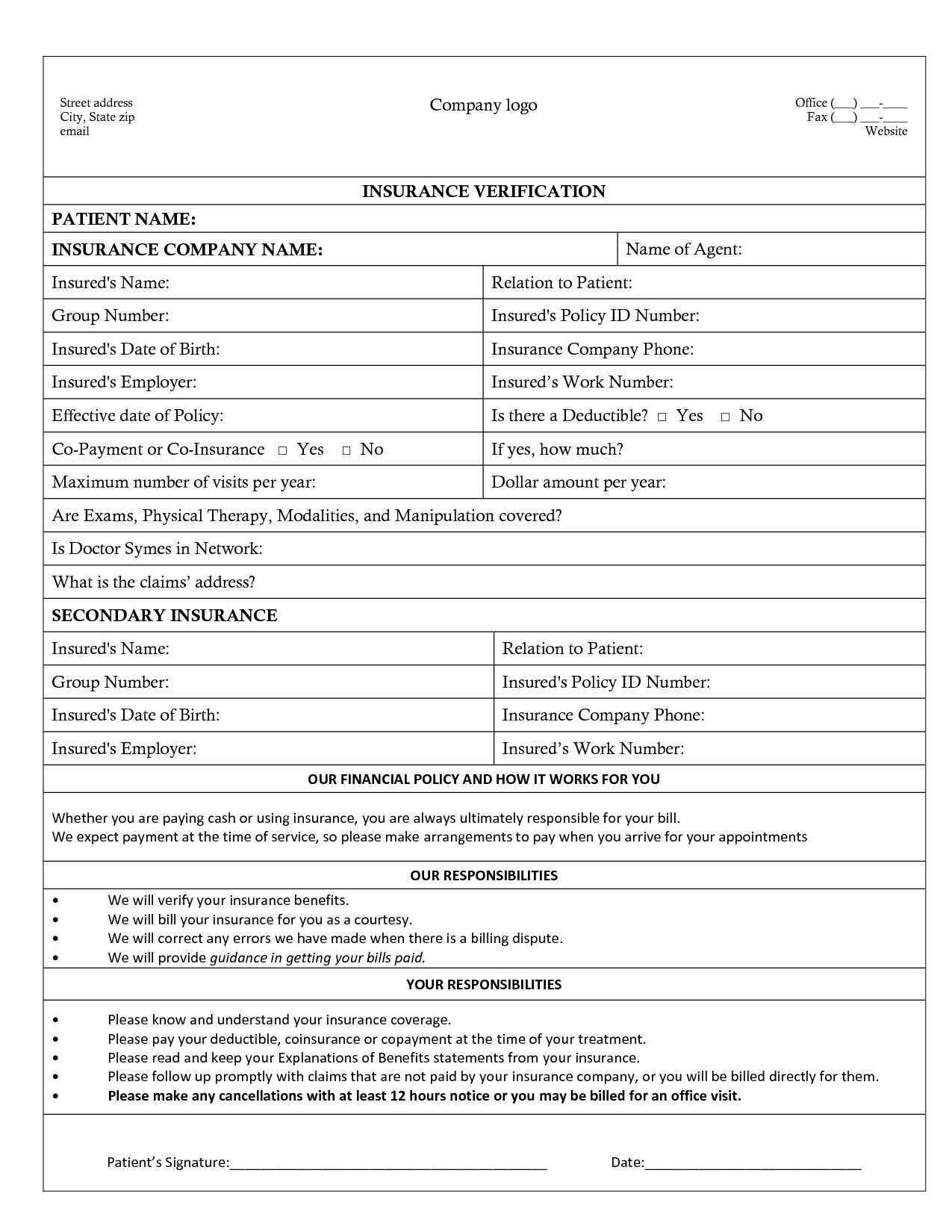 Printable Medical Insurance Verification Form Template Printable Templates