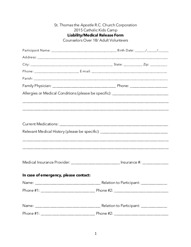 Summer Programs & Camps Medical Release Form Adult Summer Programs & Camps Medical Release Form Adult