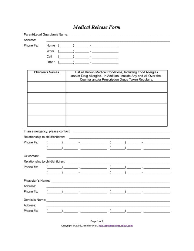 Medical Release Form | Consent to Treat Your Kids