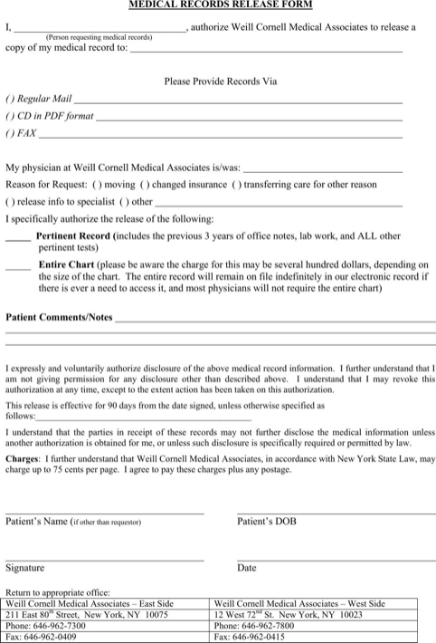 New York Medical Records Release Form for Excel, PDF and Word