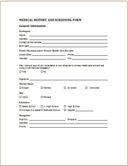 Medical History and Screening Form | Printable Medical Forms 