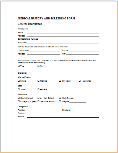 Medical History and Screening Form | Printable Medical Forms Medical History and Screening Form | Printable Medical Forms