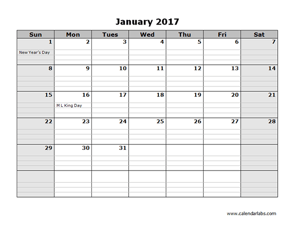 Free 2017 Monthly Calendar Template