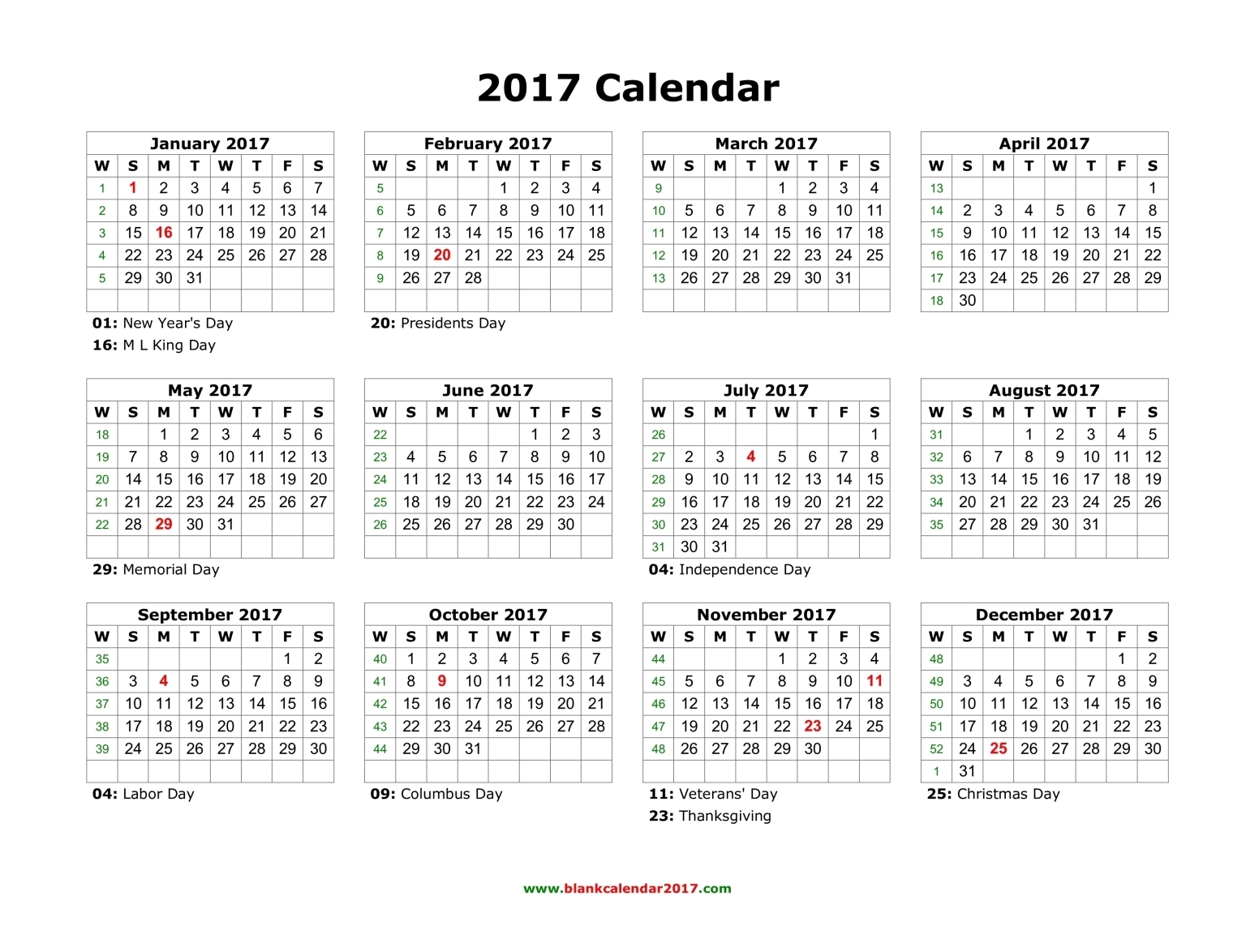 2017 Template Calendar Monthly