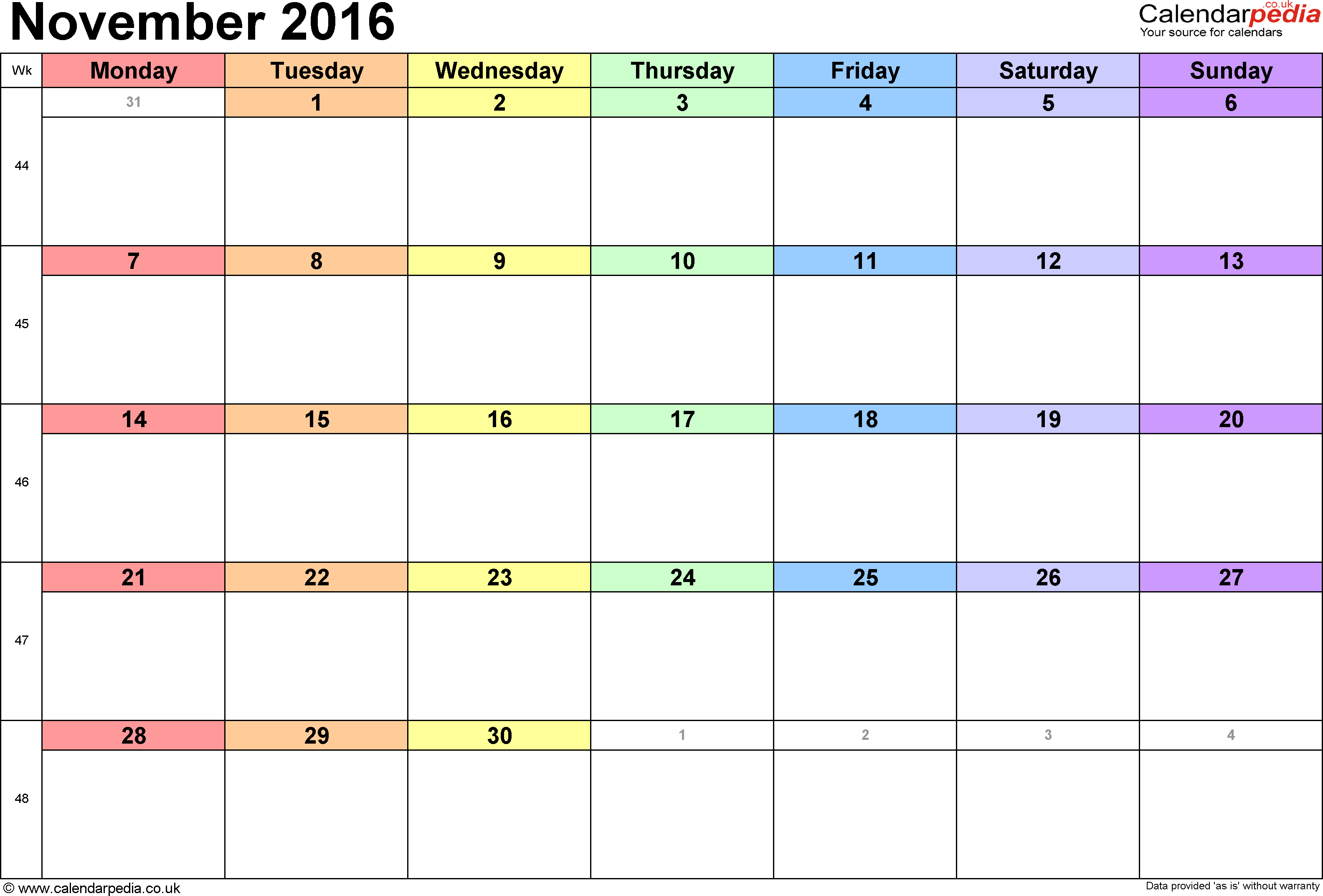 Calendar November 2016 UK, Bank Holidays, Excel/PDF/Word Templates