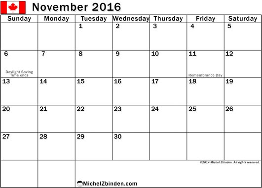 November 2016 Calendar Canada | 2017 calendar with holidays