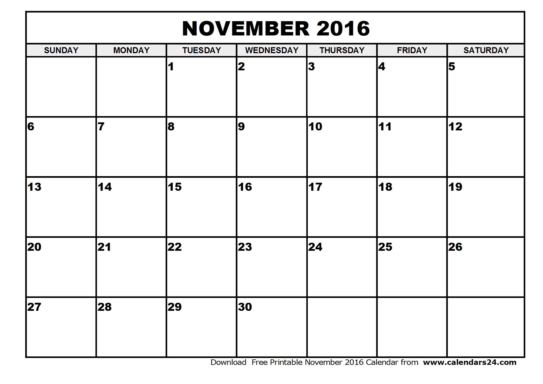 2016 November calendar canada