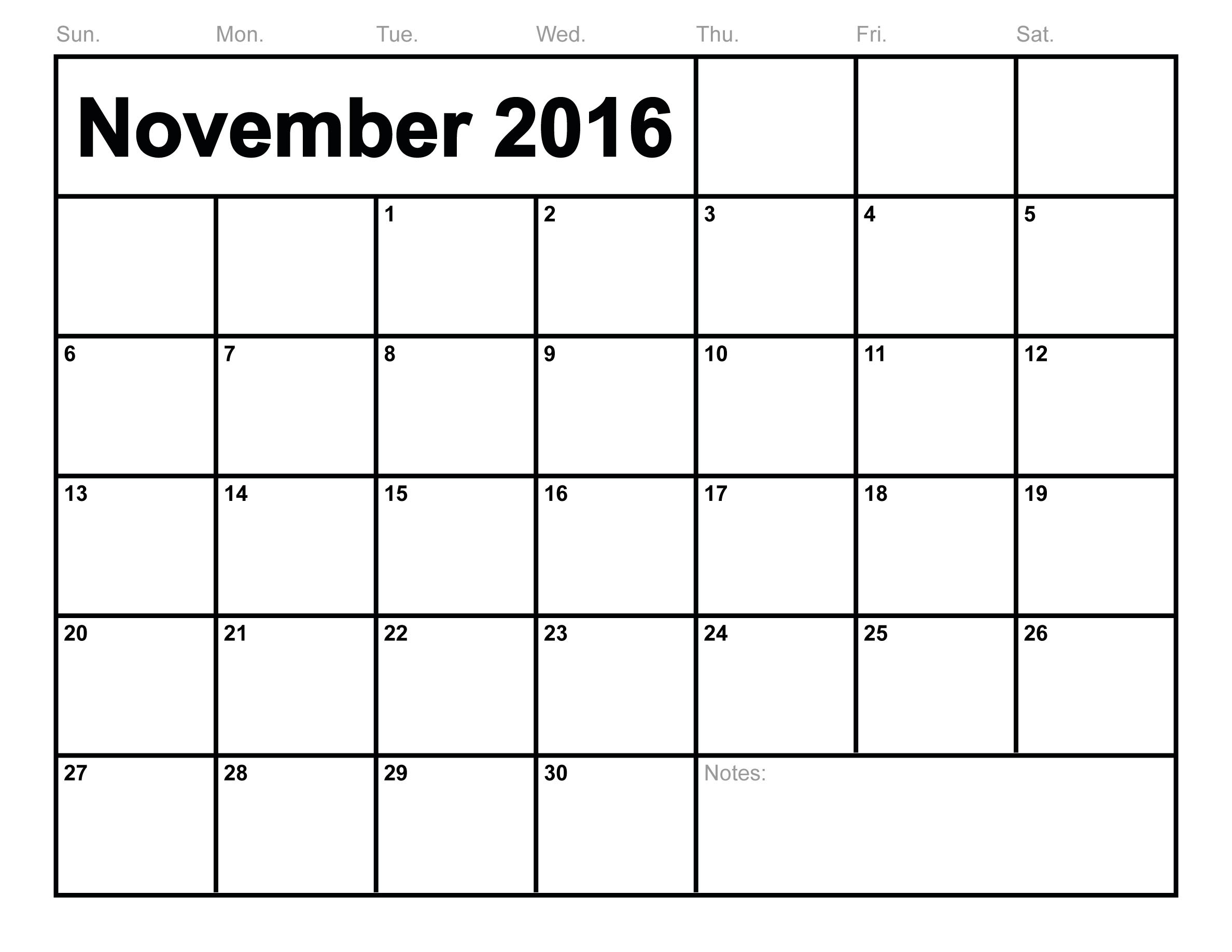 November Calendar 2016 Canada