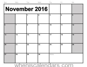 November 2016 Calendar Excel | monthly calendar printable
