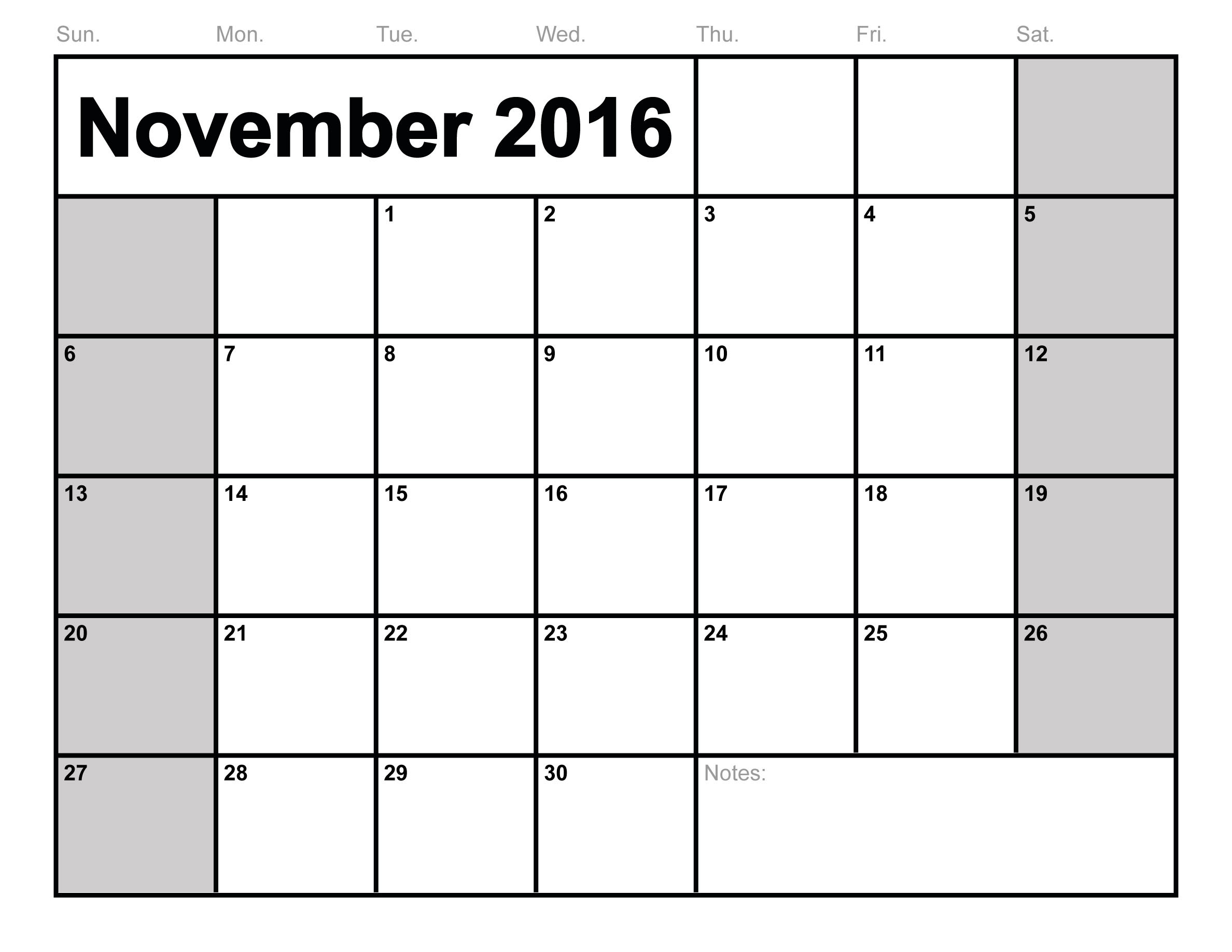 November 2016 Calendar Excel | monthly calendar printable
