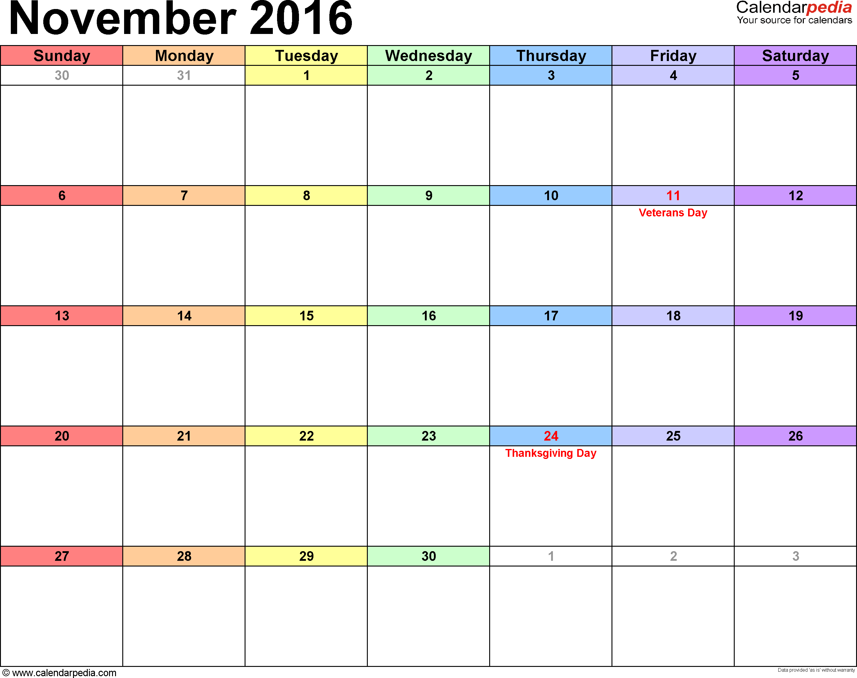 November 2016 Calendars for Word, Excel & PDF November 2016 Calendars for Word, Excel & PDF