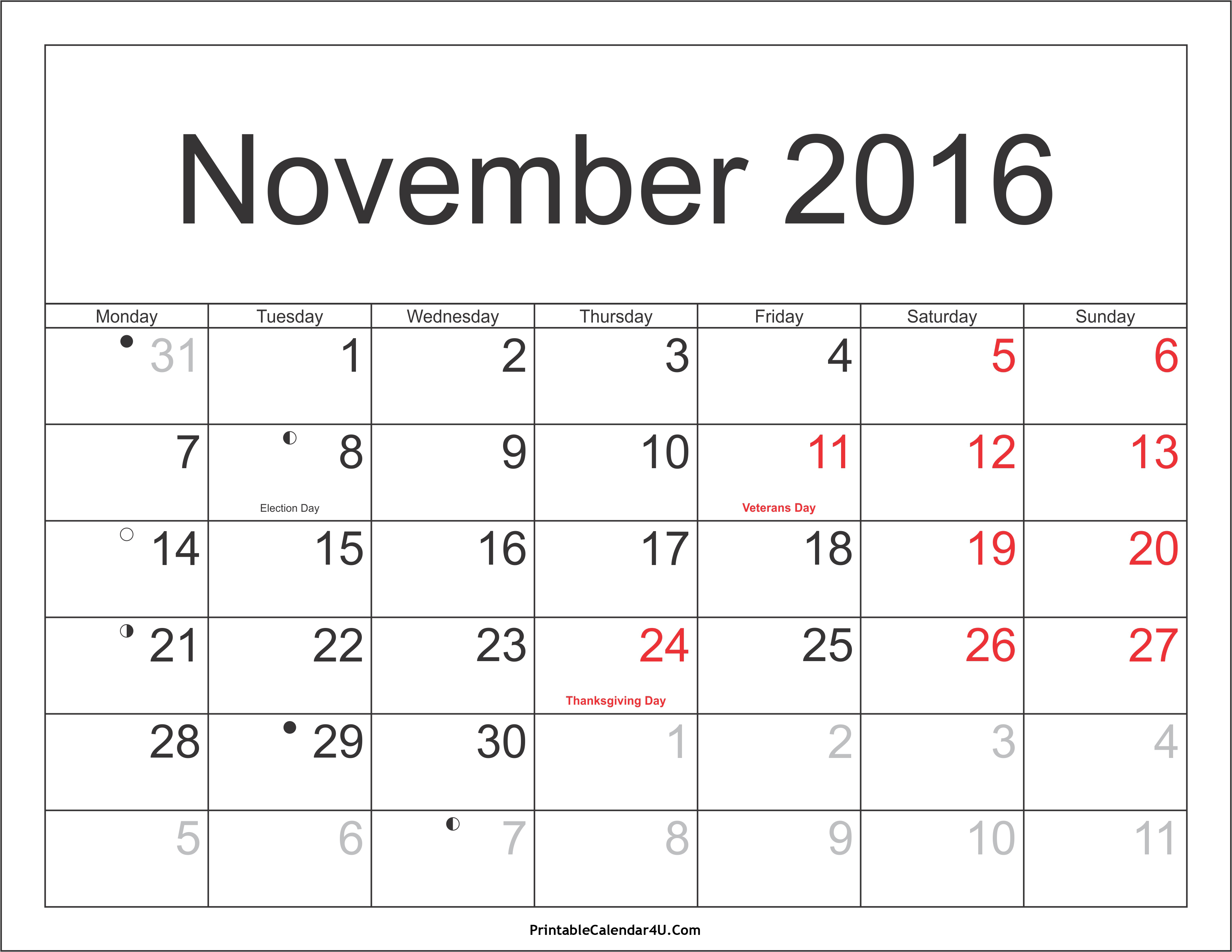 November 2016 Calendar Printable with Holidays PDF and 