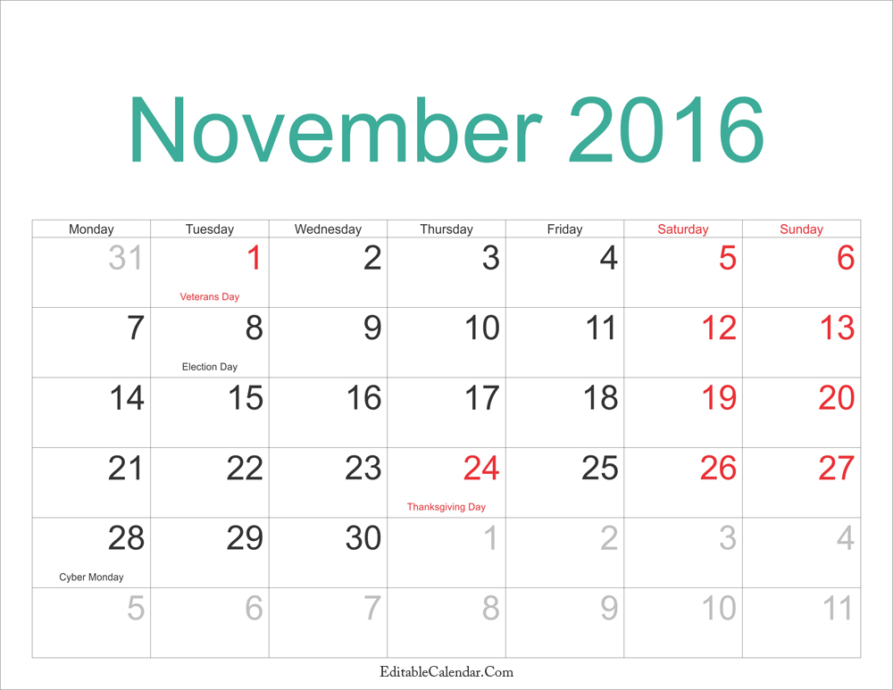November Calendar 2016 Printable Archives October 2016 Calendar 