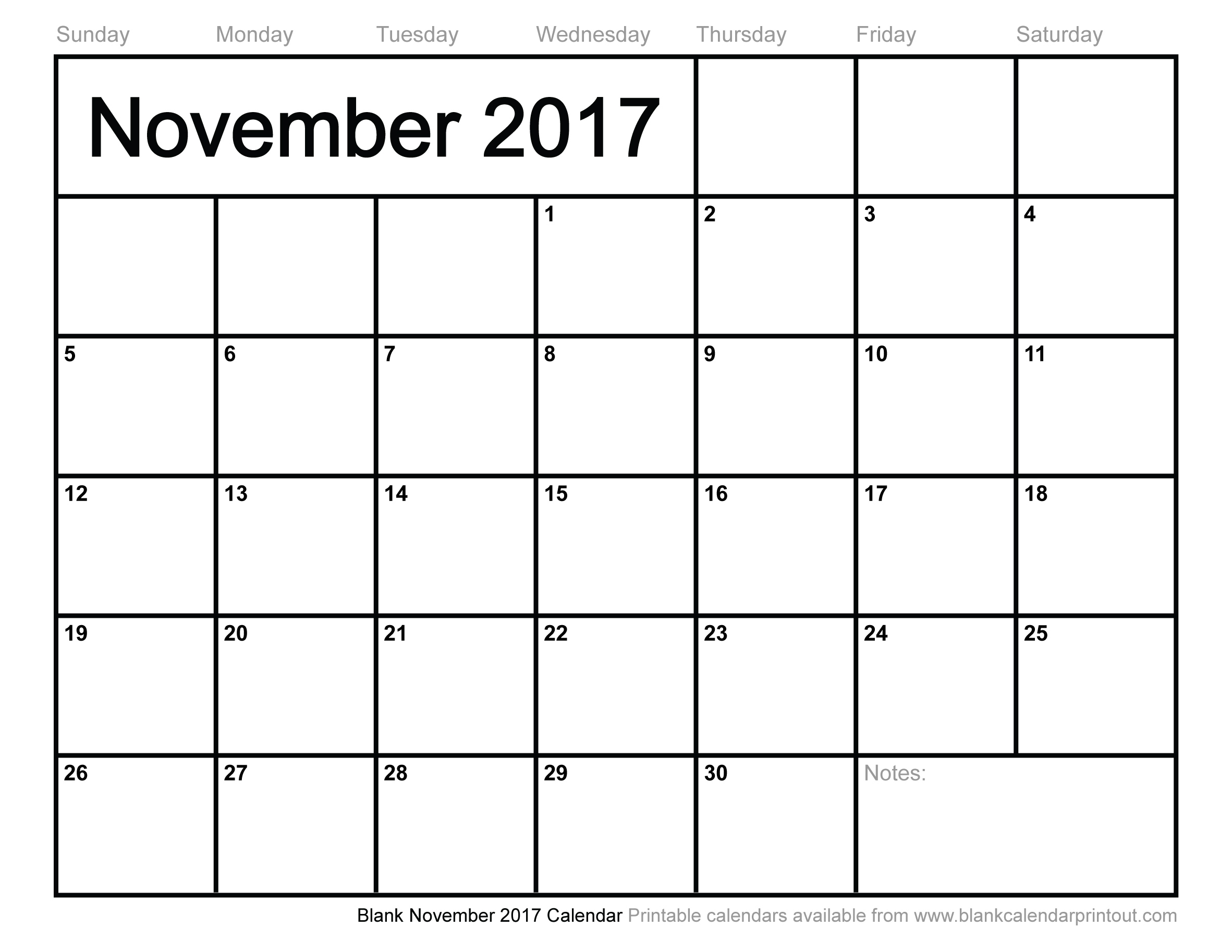 Blank November 2017 Calendar to Print