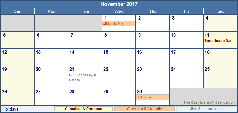 November 2017 Calendar Canada | monthly calendar printable