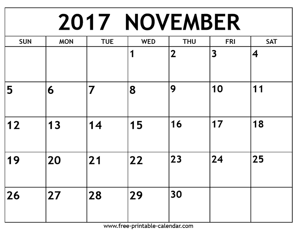 November 2017 calendar Free printable calendar.com