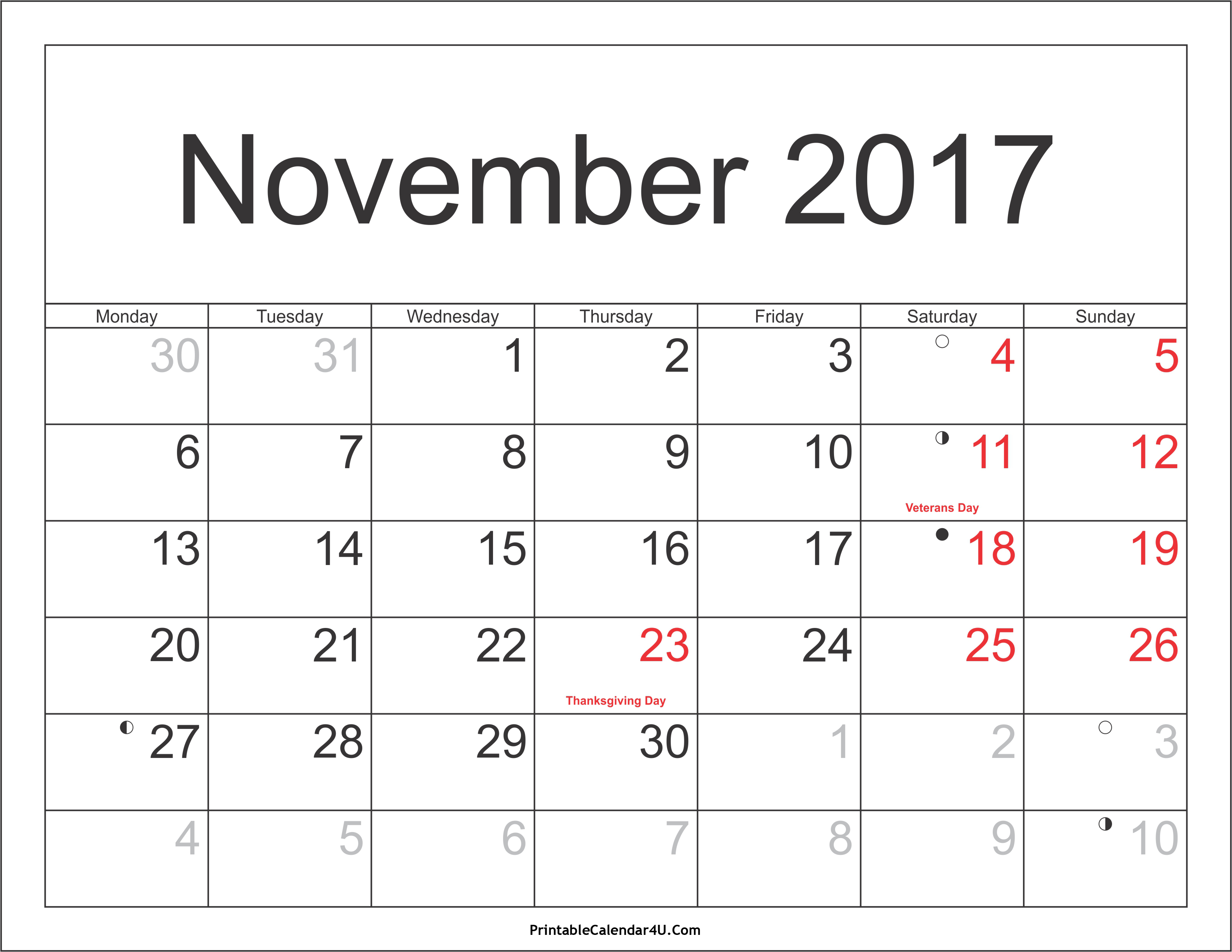 November 2017 Calendar Printable With Holidays | weekly calendar 