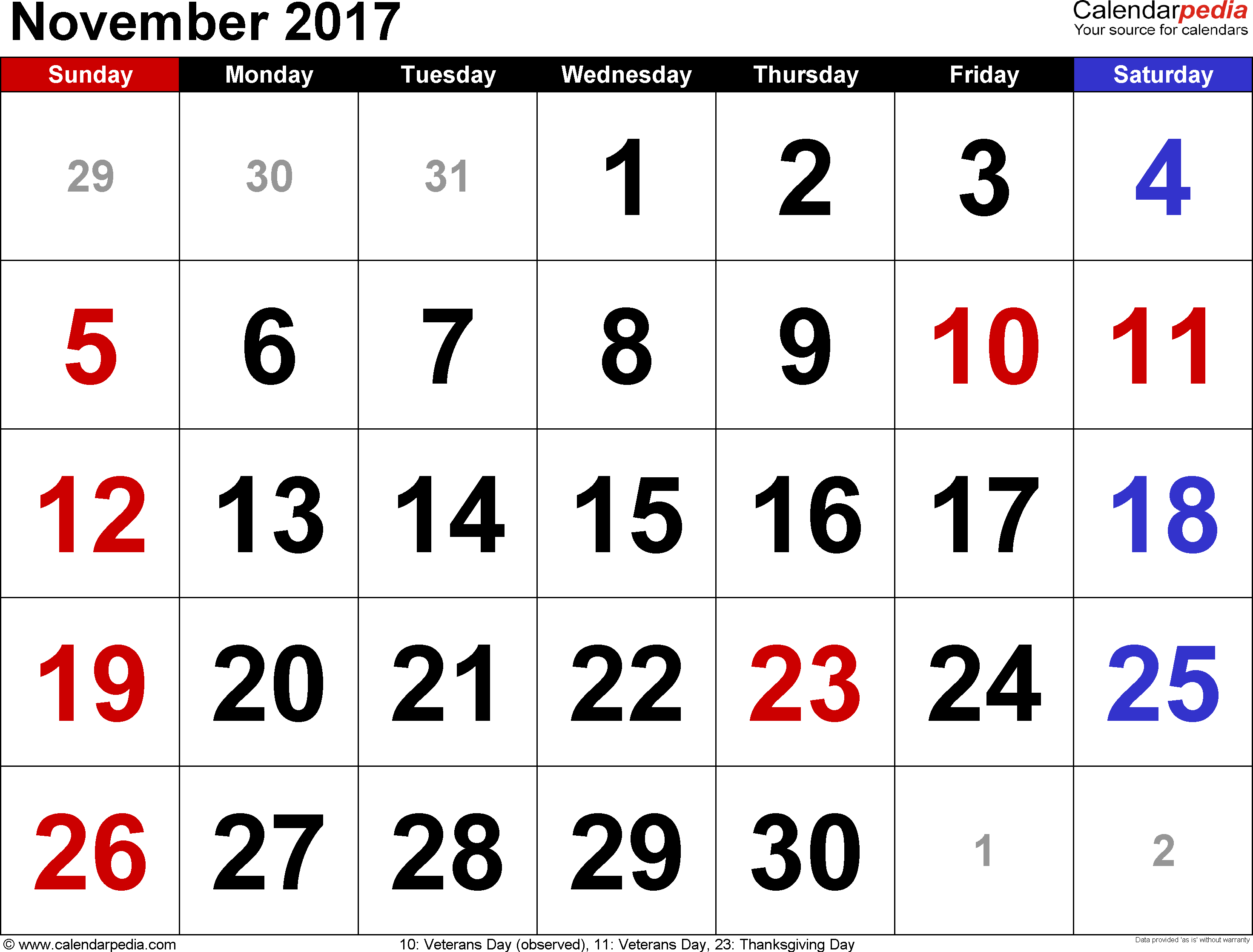 November 2017 Calendars for Word, Excel & PDF